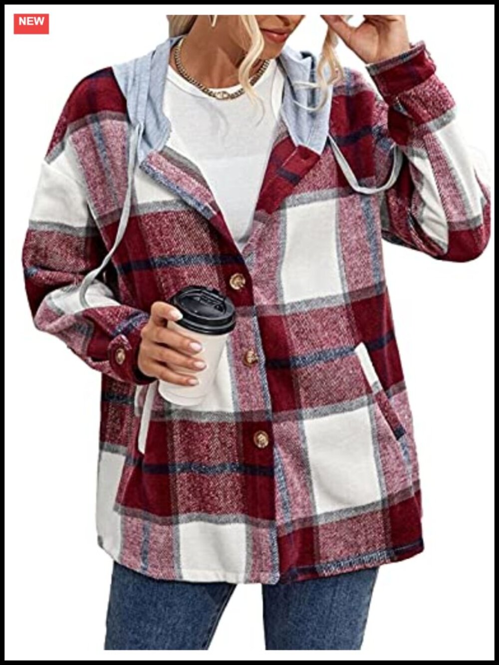 Hooded Plaid Flannel Shacket Oversized Button Down Jacket Women